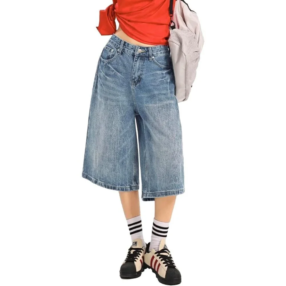 Women Jean Shorts Baggy Loose Fit Denim Summer Trend Y2K Wide Leg